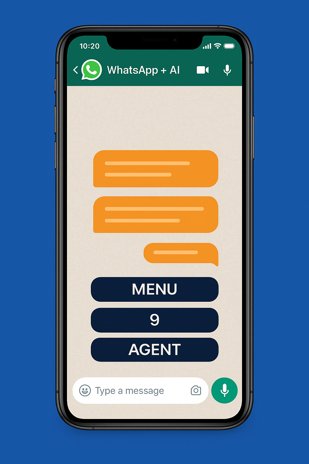 WhatsApp chat showing MENU, 9 for PBX help, and AGENT for human handover